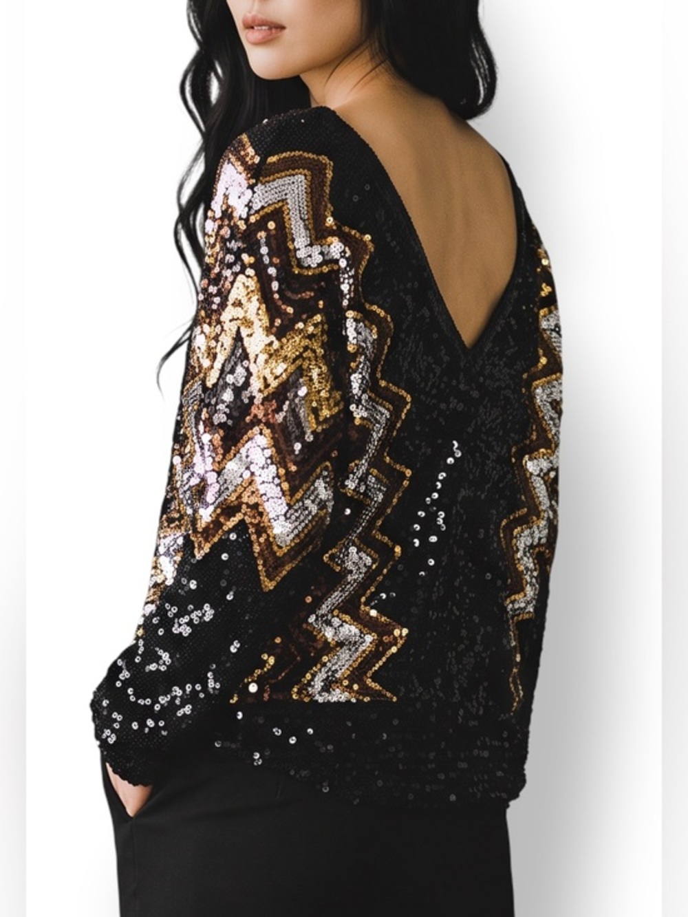Vintage Reversible Sequin Zigzag Knit Sweater Black Gold Silver Est Size L